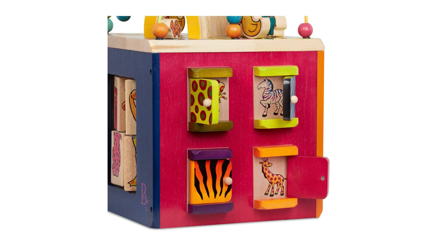 A close-up picture of B. Toys Zany Zoo Wooden Activity Cube