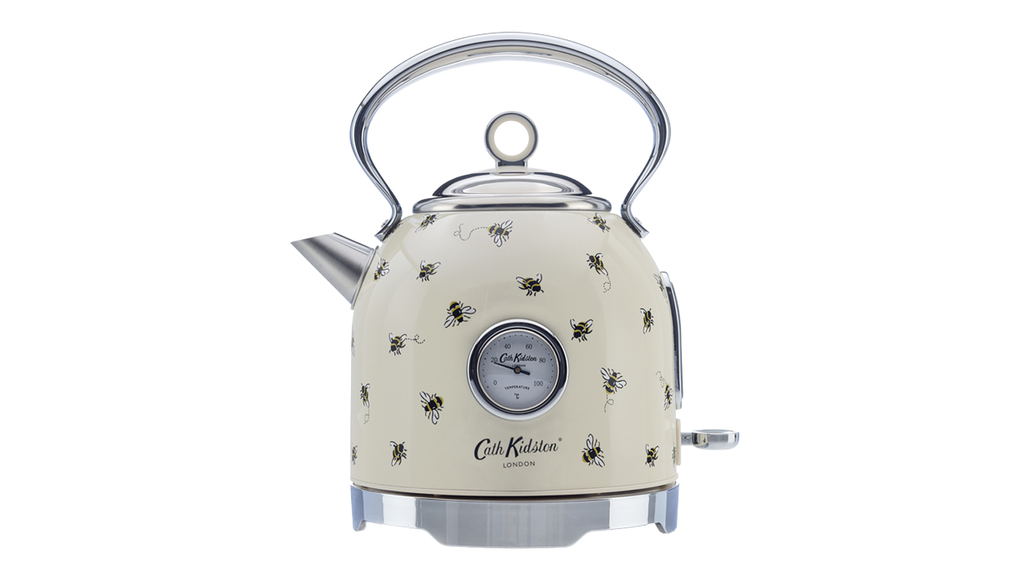 Cath Kidston 1.7L Dome Kettle with cream Bee design, silver trim, and visible temperature gauge