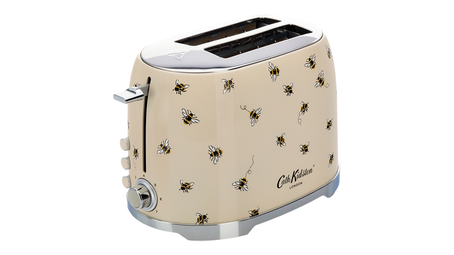 Front angle view of the Cath Kidston 2 Slice Toaster in cream colour with busy bee print