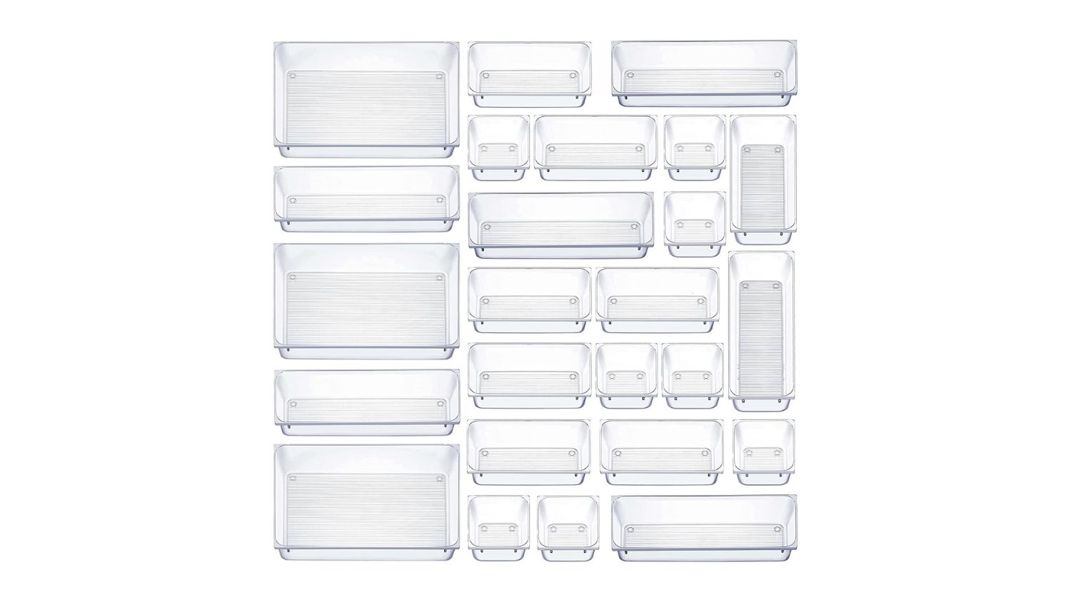 Set of 25 clear plastic storage bins in various sizes, arranged in rows for drawer organisation