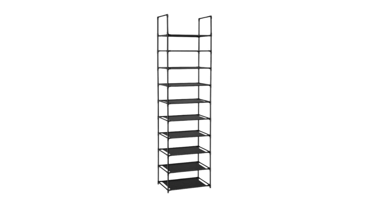 Black 10-tier tall shoe rack with metal frame and fabric shelves