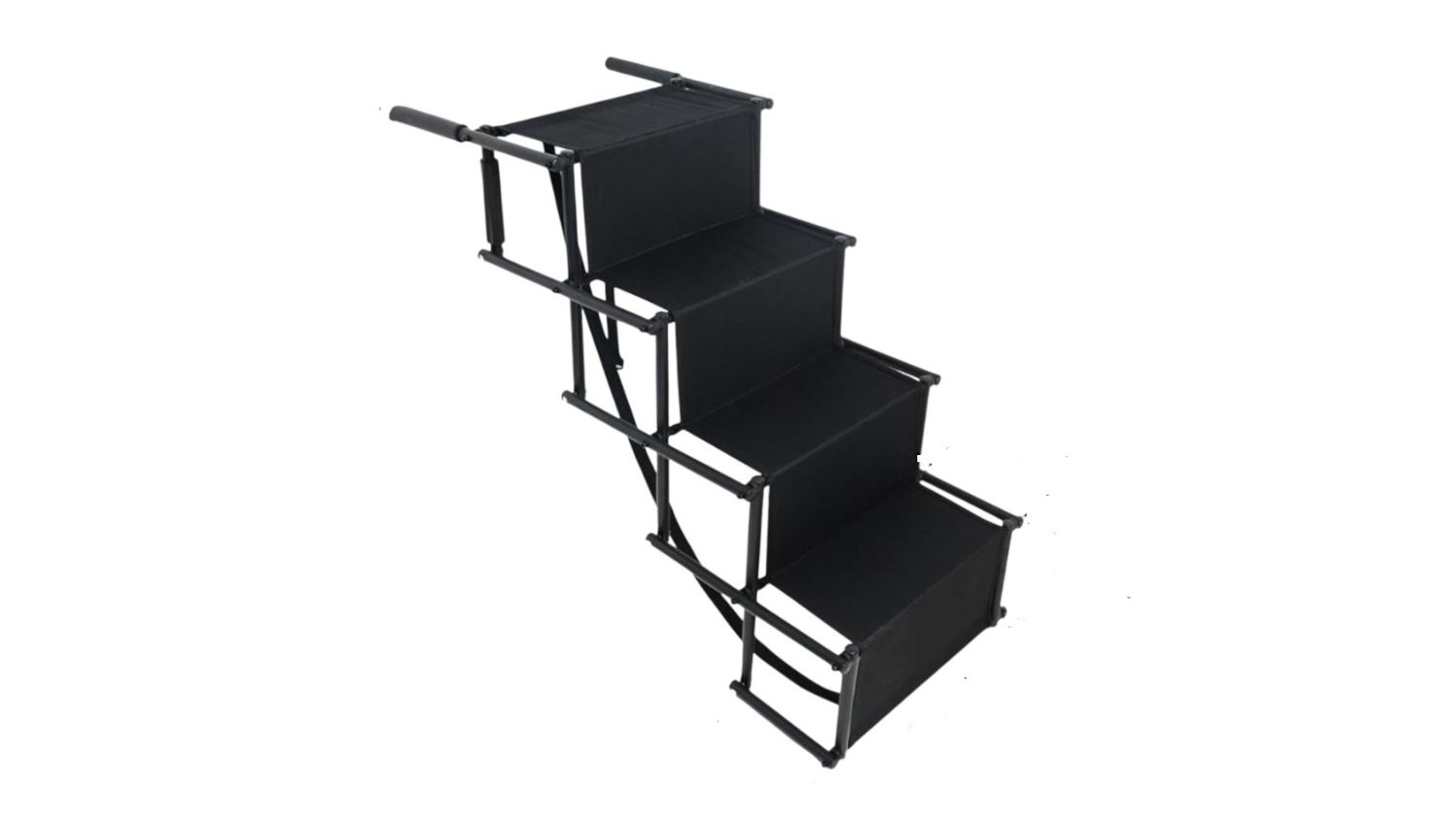 Black foldable pet stairs with four steps and a frame