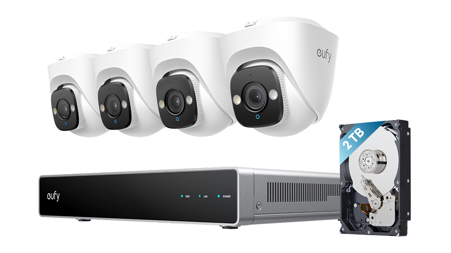 A Eufy cam set with 4 dome cams, NVR, and 2TB hard drive