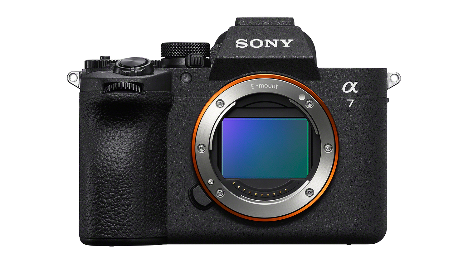 Front view of the Sony Alpha A7 V Full Frame Mirrorless Camera, showing its sleek black build