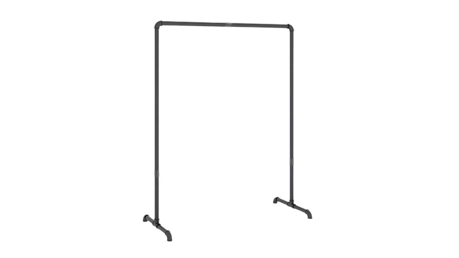 Black matte industrial pipe clothing rack with rectangular frame and two sturdy base supports