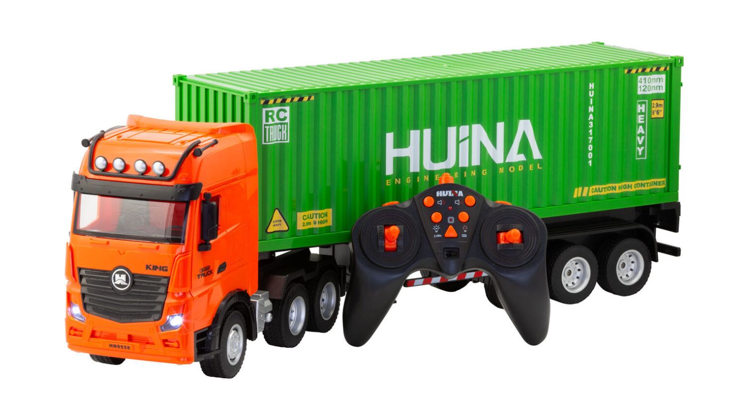 Orange RC container truck with green Huina trailer and black remote control