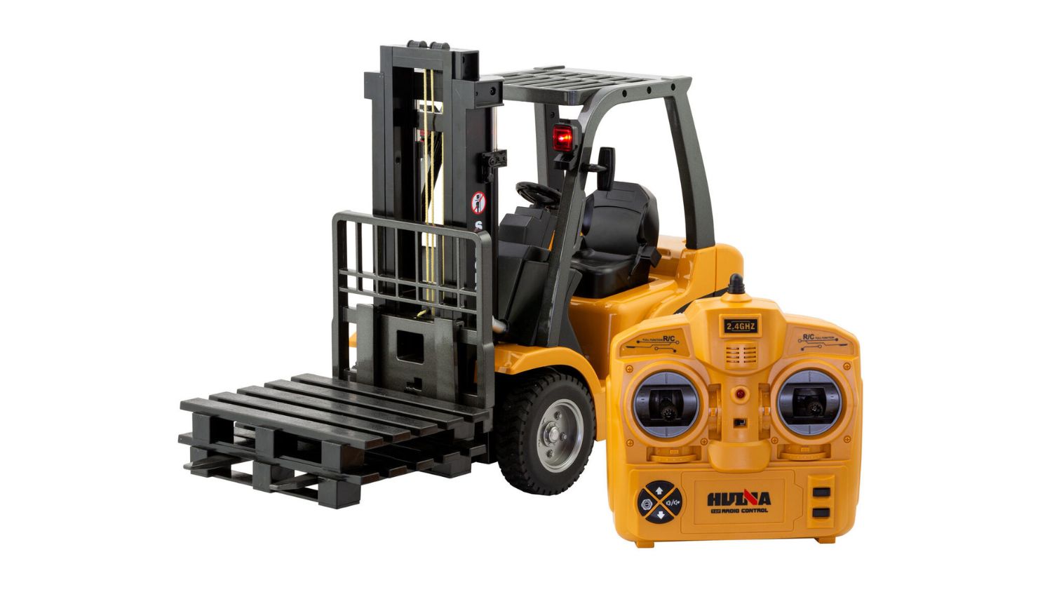 RC forklift toy with black forks with a yellow remote control featuring dual joysticks