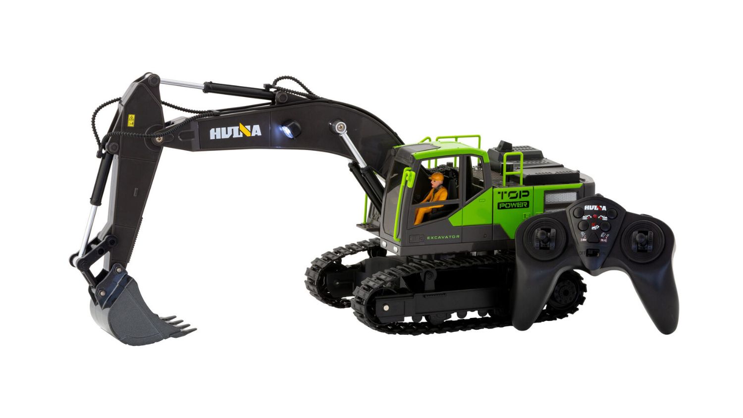 Radio-controlled excavator toy with a handheld controller on a white surface