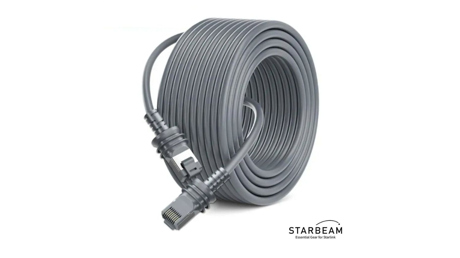 Coiled grey outdoor Ethernet cable with waterproof RJ45 connectors for Starlink Gen3