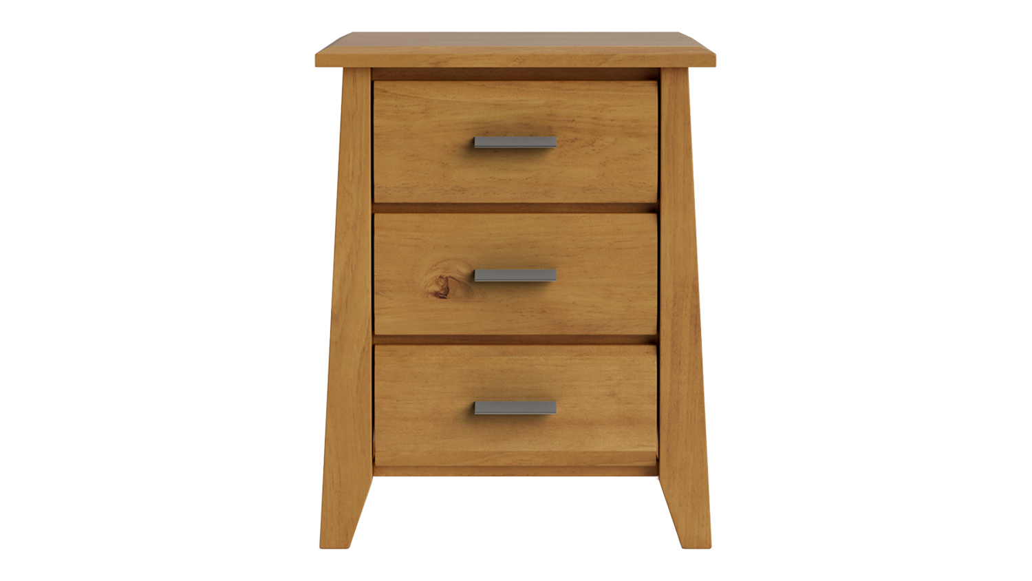 Front view of a wooden bedside table with three drawers, each featuring a sleek rectangular metal handle