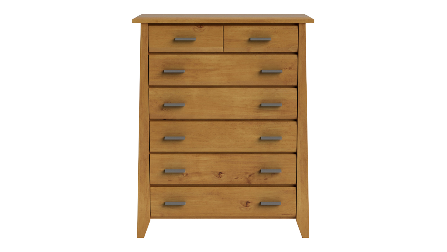 Front view of the Verve 7 Drawer Tallboy in Light Rimu finish, featuring drawers with silver handles