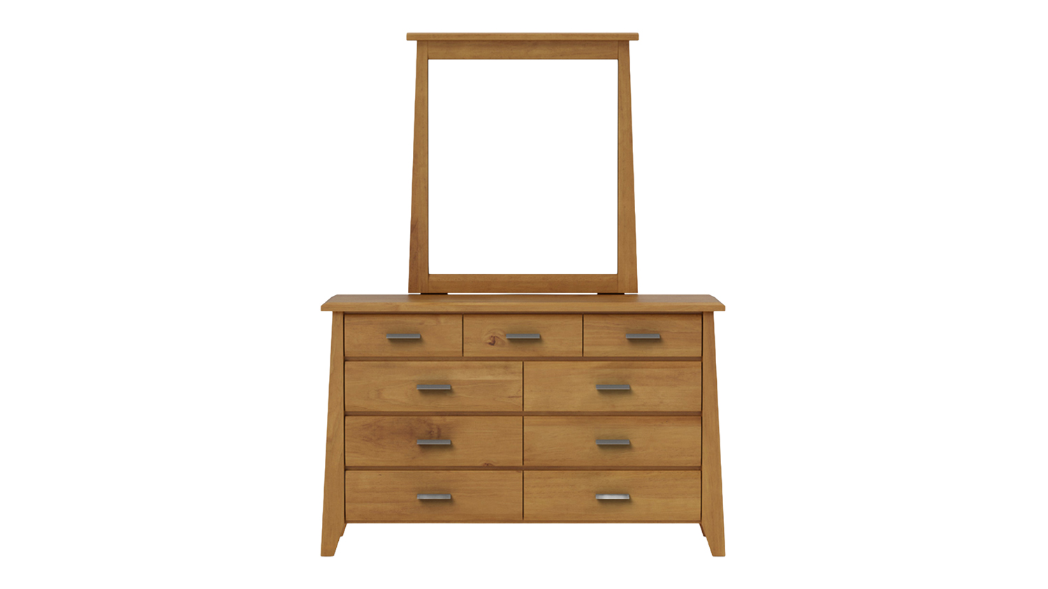 Front view of Verve 9 Drawer Dresser in Light Rimu finish with attached rectangular mirror