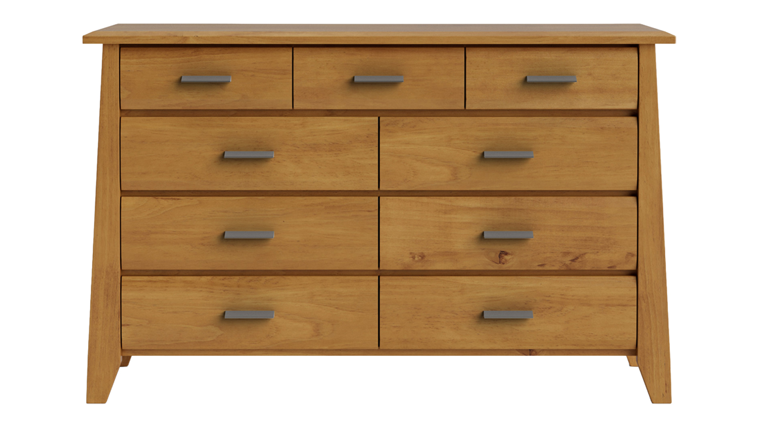 Front view of the Verve 9 Drawer Lowboy in Light Rimu finish, featuring drawers with silver handles