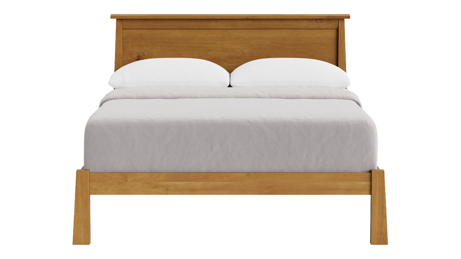 Front view of a Verve Super King Bed Frame in Light Rimu finish, featuring a rectangular back panel and angled legs