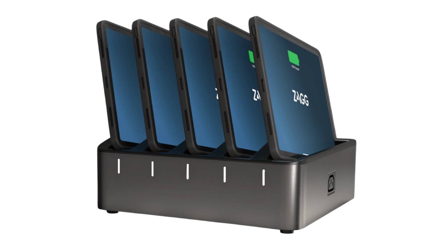 Black Zagg ChargeStation Pro Charging Ecosystem Base for iPad A16 with five pieces Strapless Cases