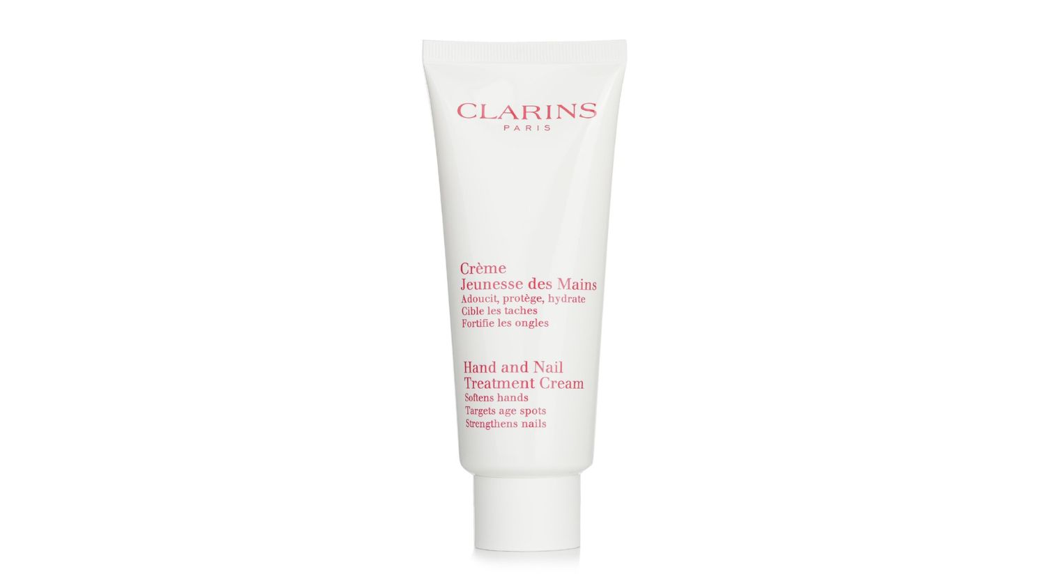 Clarins Hand and Nail Treatment Cream in a white tube