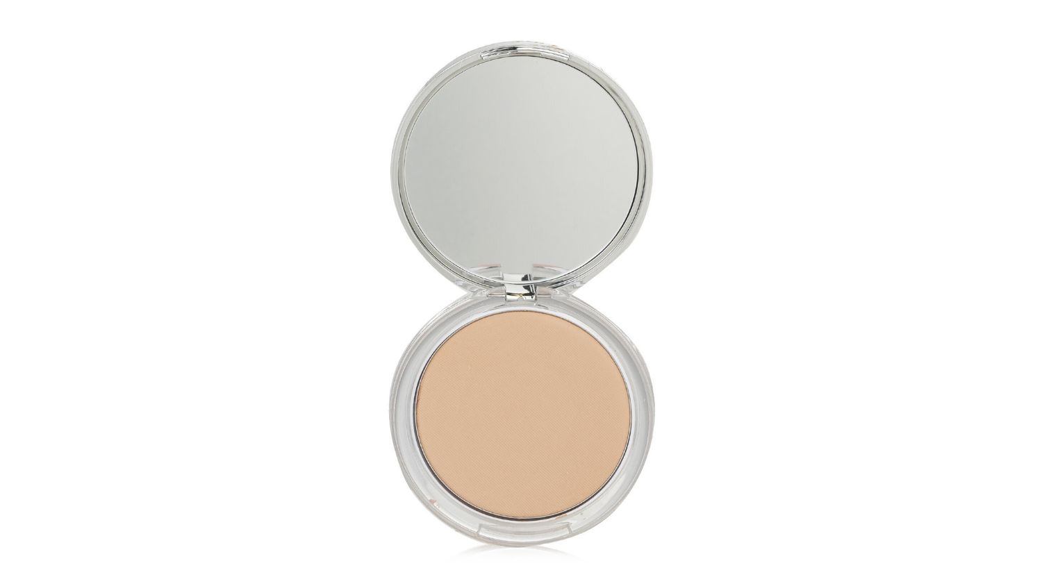 Open compact powder case with a round beige powder and a built-in mirror
