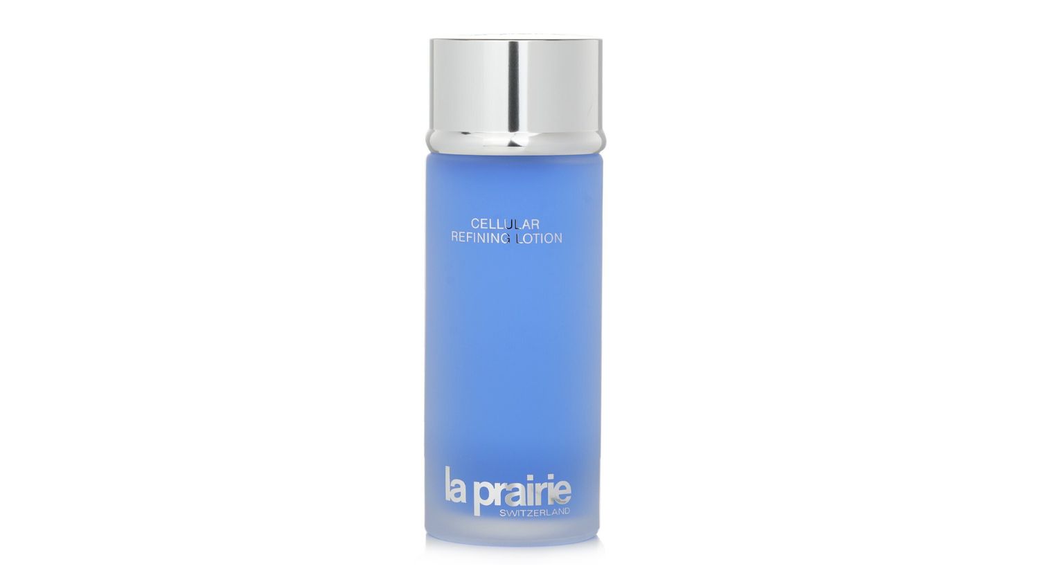 Blue frosted bottle of La Prairie Cellular Refining Lotion with silver cap and white log