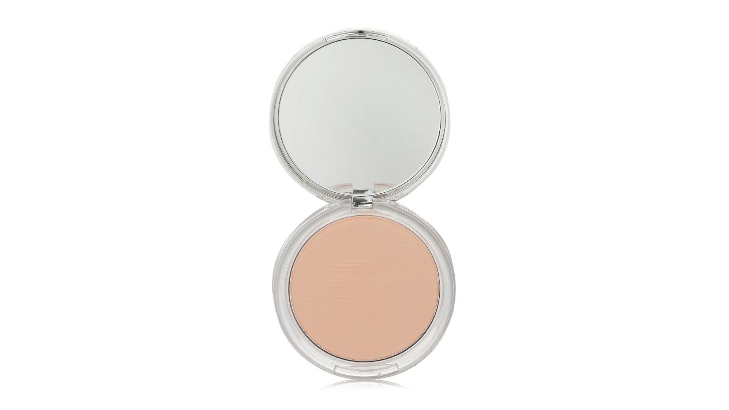 Open compact powder case with a round beige powder and a built-in mirror
