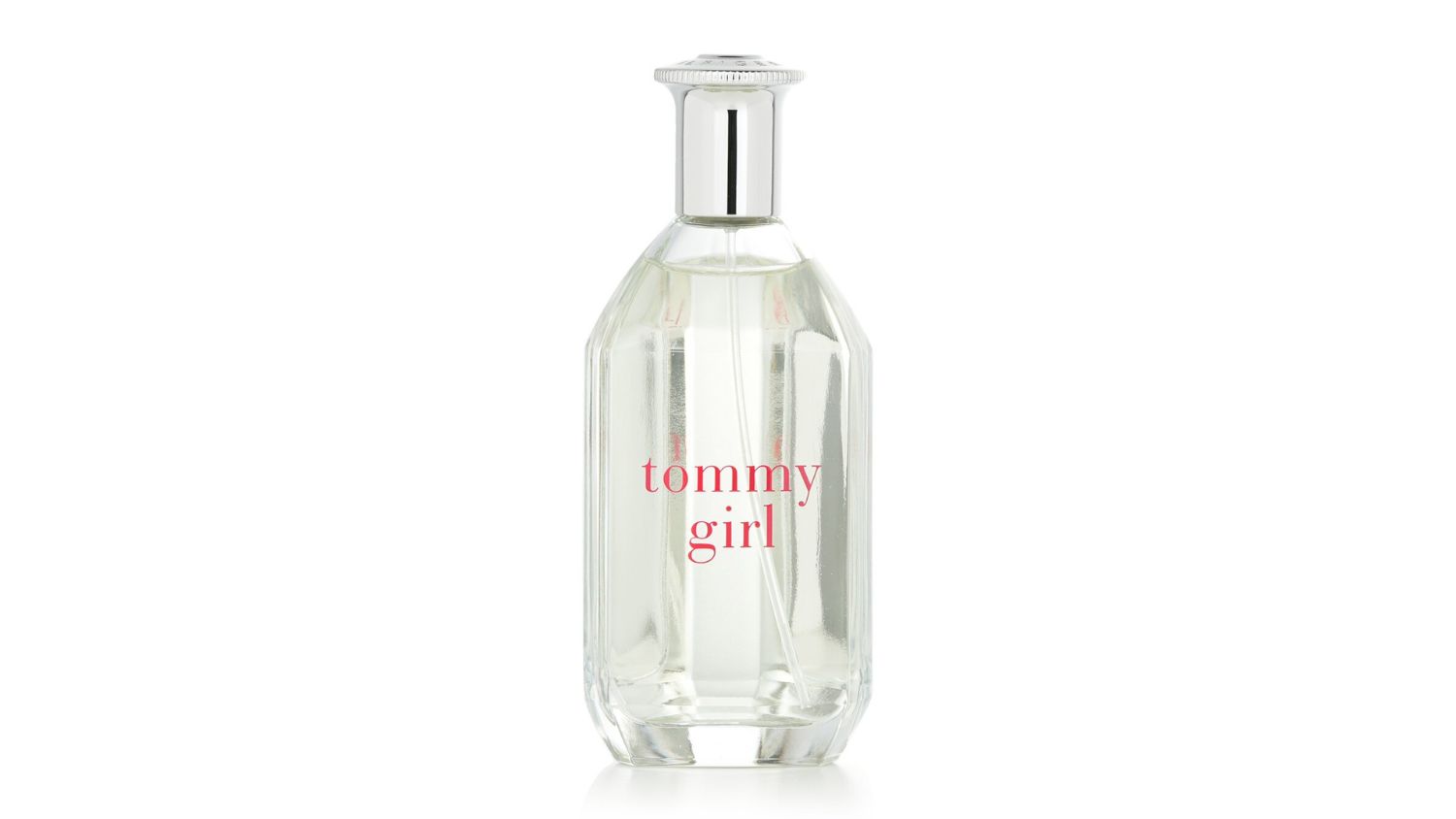 Clear glass bottle of Tommy Girl cologne with a silver cap and red text logo on the front