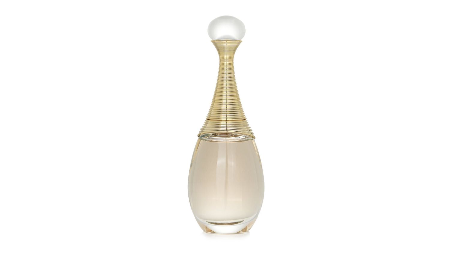 Clear glass bottle of Dior J’Adore perfume with gold accents and a round crystal-like cap