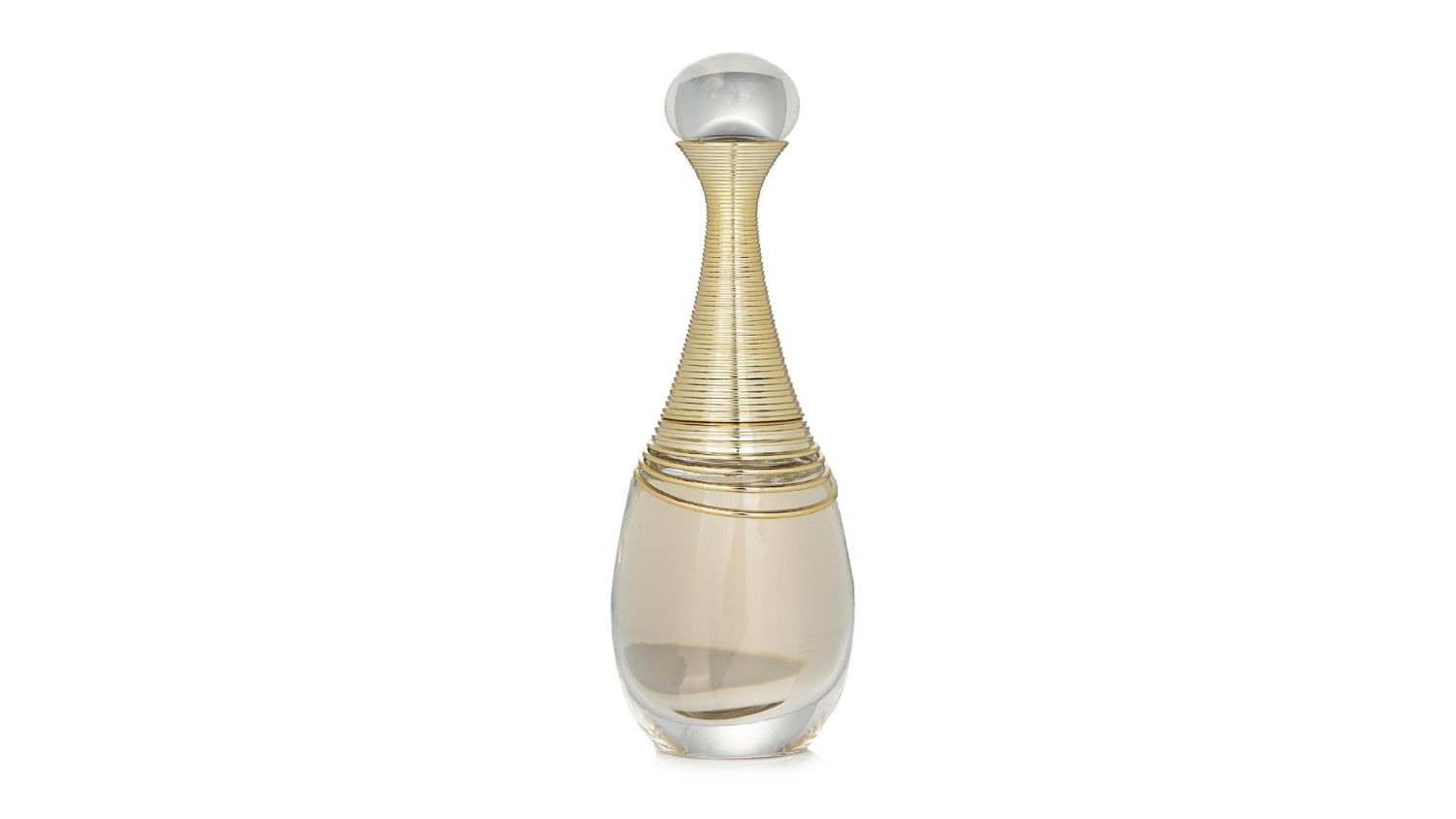 Clear glass bottle of Dior J’Adore perfume with gold accents and a round crystal-like cap
