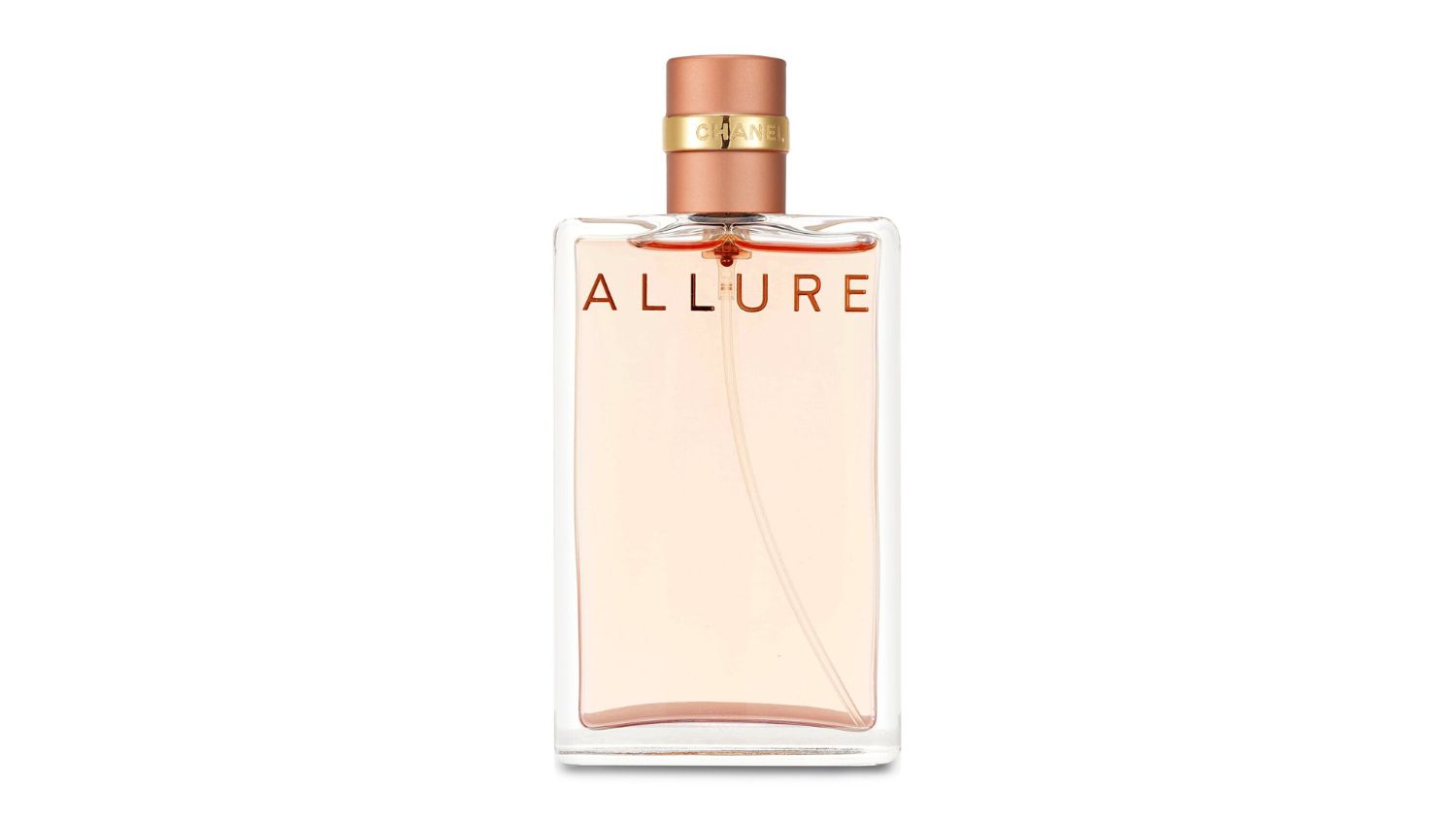 Chanel Allure Eau De Parfum Spray bottle with rose-gold cap and clear glass