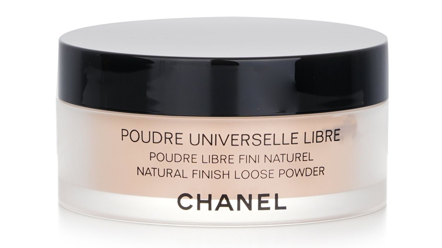 Chanel Poudre Universelle Libre loose powder in a clear jar with a black lid