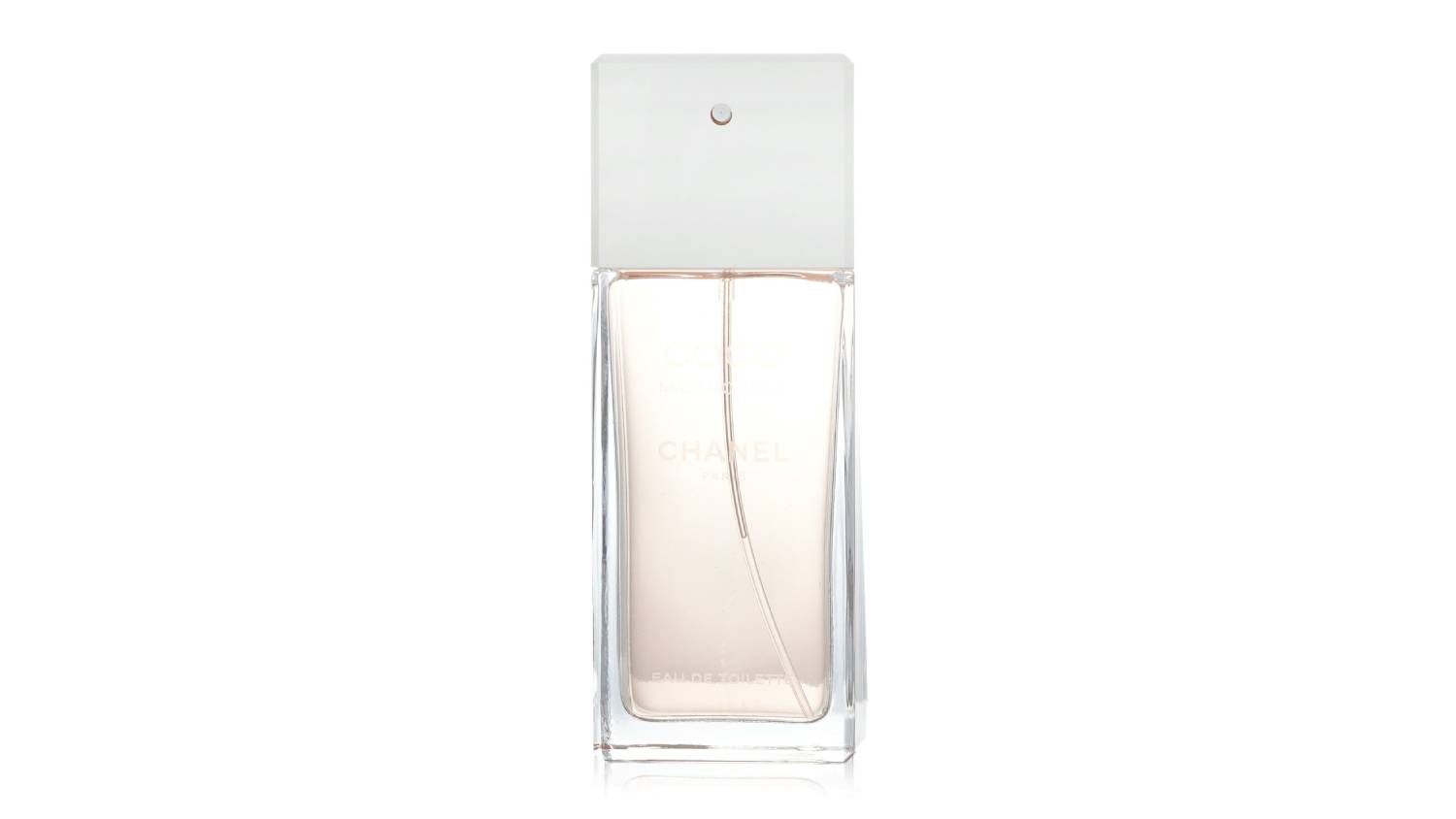 A rectangular glass bottle of Chanel Coco Mademoiselle Eau de Toilette Spray with a white cap