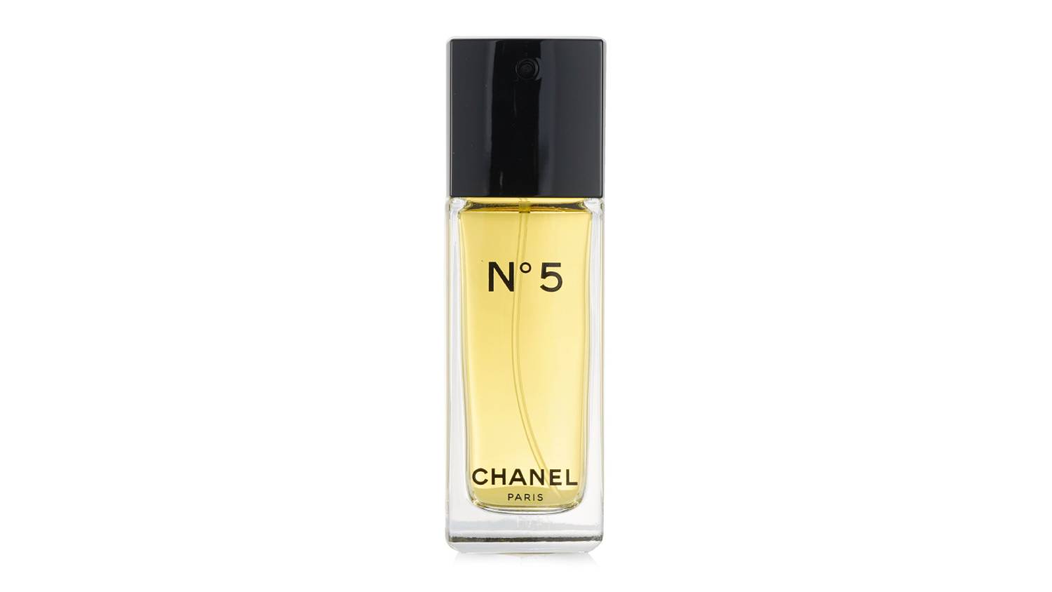 A rectangular glass bottle of Chanel No.5 Eau de Toilette Spray with golden liquid inside