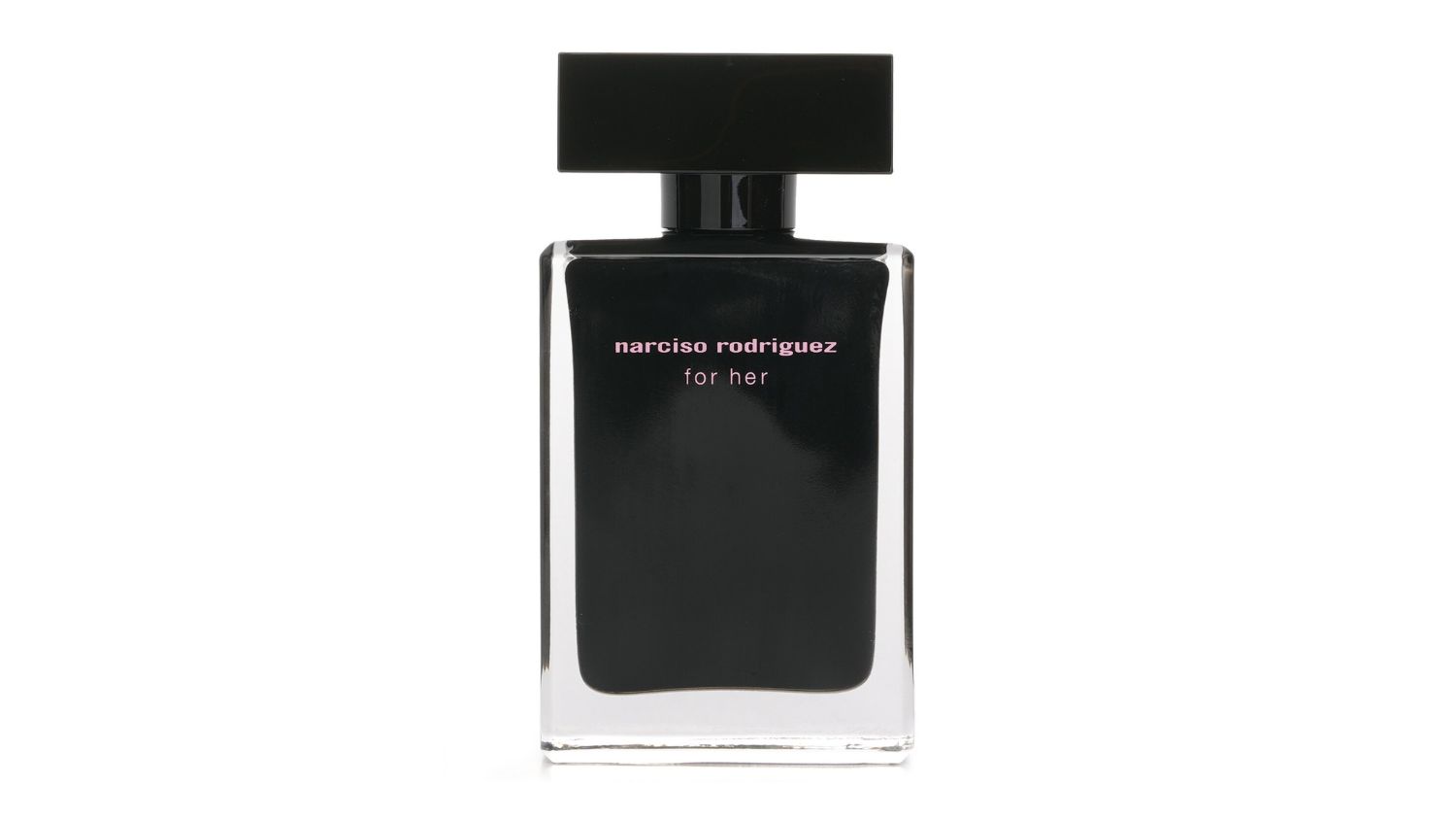 Black rectangular perfume bottle labelled Narciso Rodriguez for Her with a wide black cap