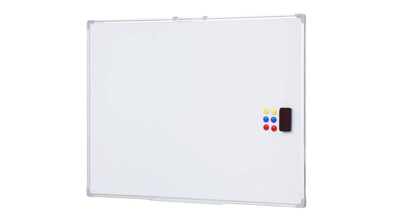 Full view of the magnetic whiteboard with six colourful magnets and a black eraser