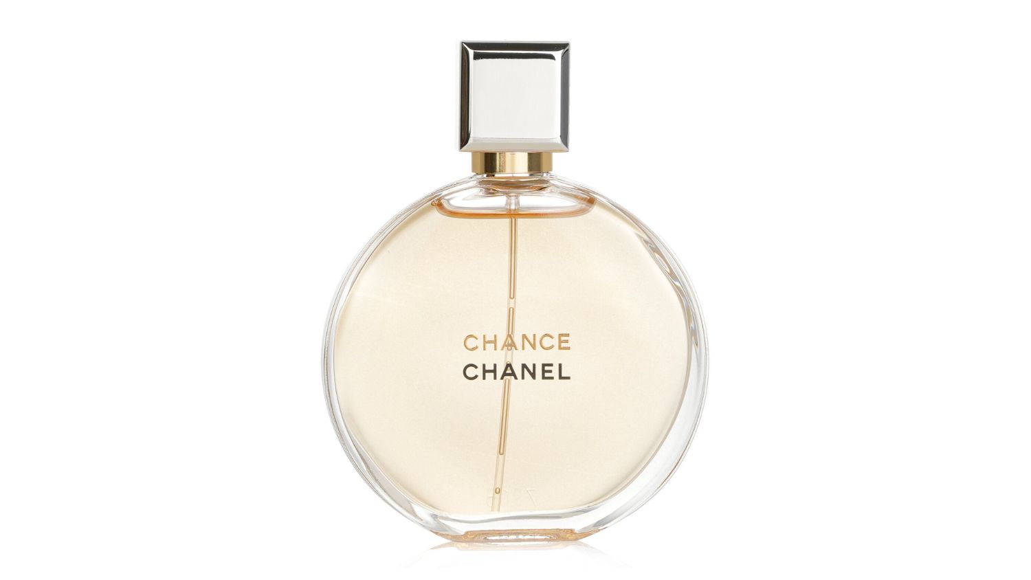 Round Chanel Chance Eau De Parfum bottle with gold liquid and silver square cap