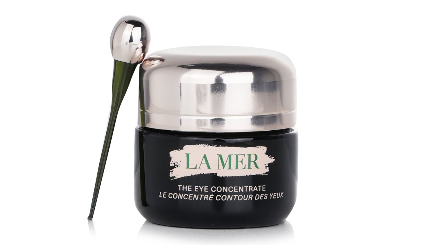 La Mer The Eye Concentrate jar with silver lid and green applicator