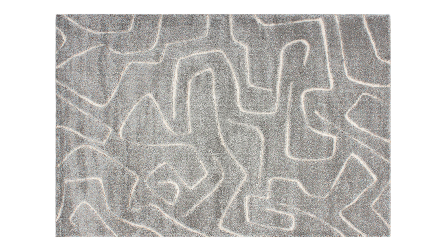 Horizontal view of the silver Labyrinth rug showcasing the carved white pattern