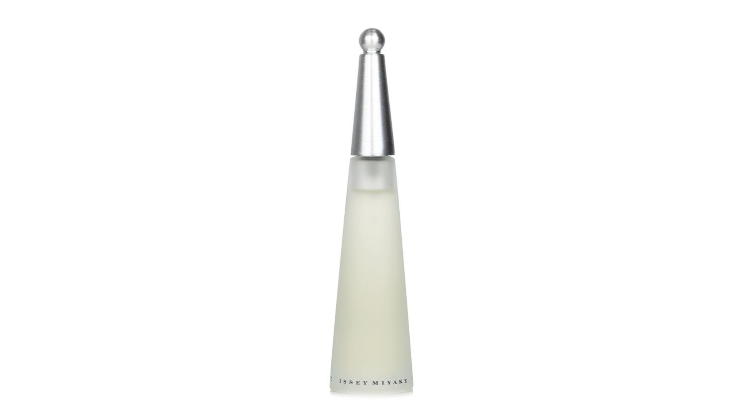 Frosted glass perfume bottle with a tall silver cap, labelled Issey Miyake