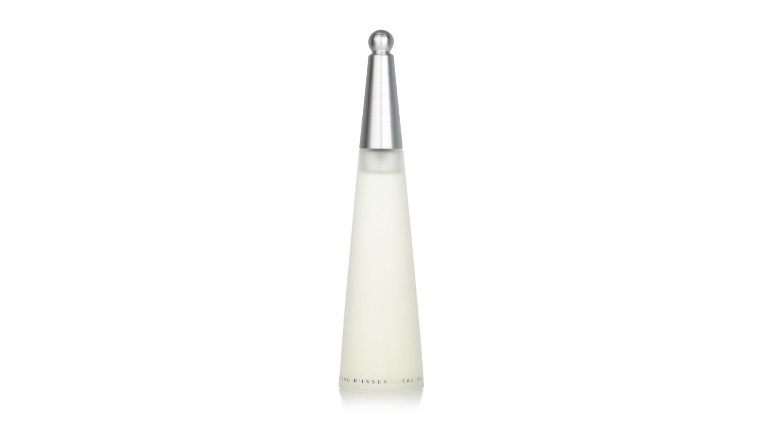 Frosted glass perfume bottle with a tall silver cap, labelled Issey Miyake