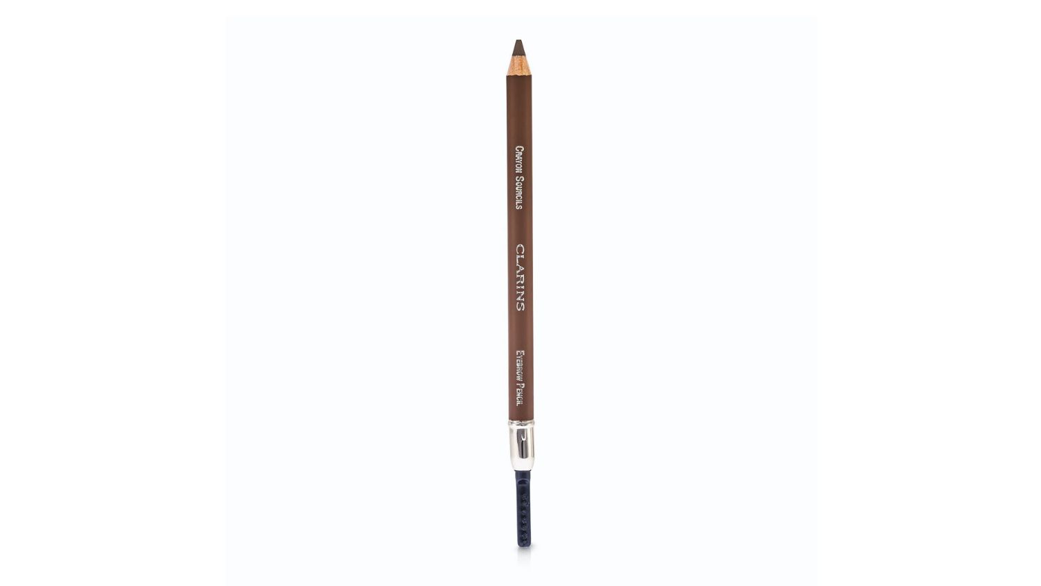 A front view of the Clarin eyebrow pencil showing its pencil tip and brush