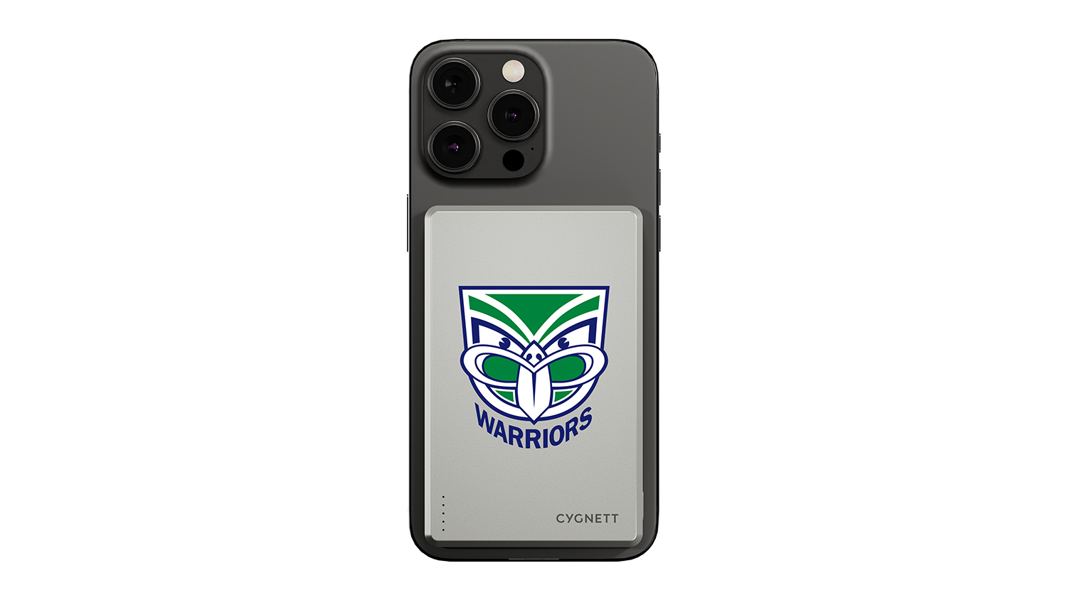 Front view of the Cygnett New Zealand Warriors 5,000mAh Magnetic Wireless Power Bank attached to a smartphone