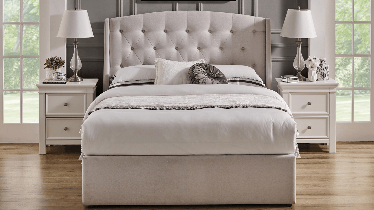 Lucy Queen Upholstered Gas Lift Storage Bed Frame - Pearl