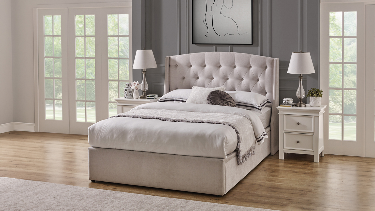 Lucy Super King Upholstered Gas Lift Storage Bed Frame in sleek pearl