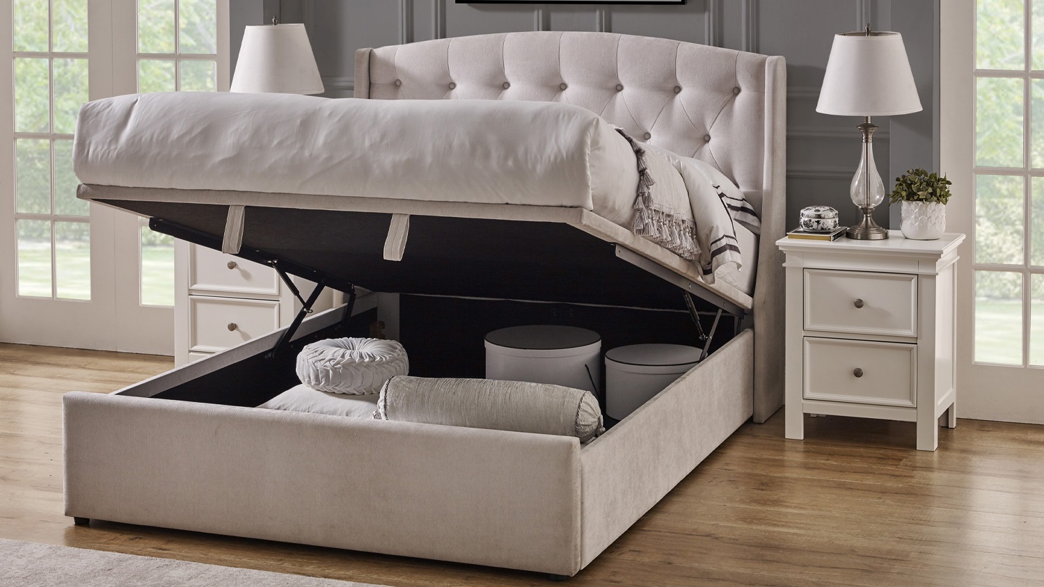 Lucy Super King bed frame with pillows in the under-bed compartments