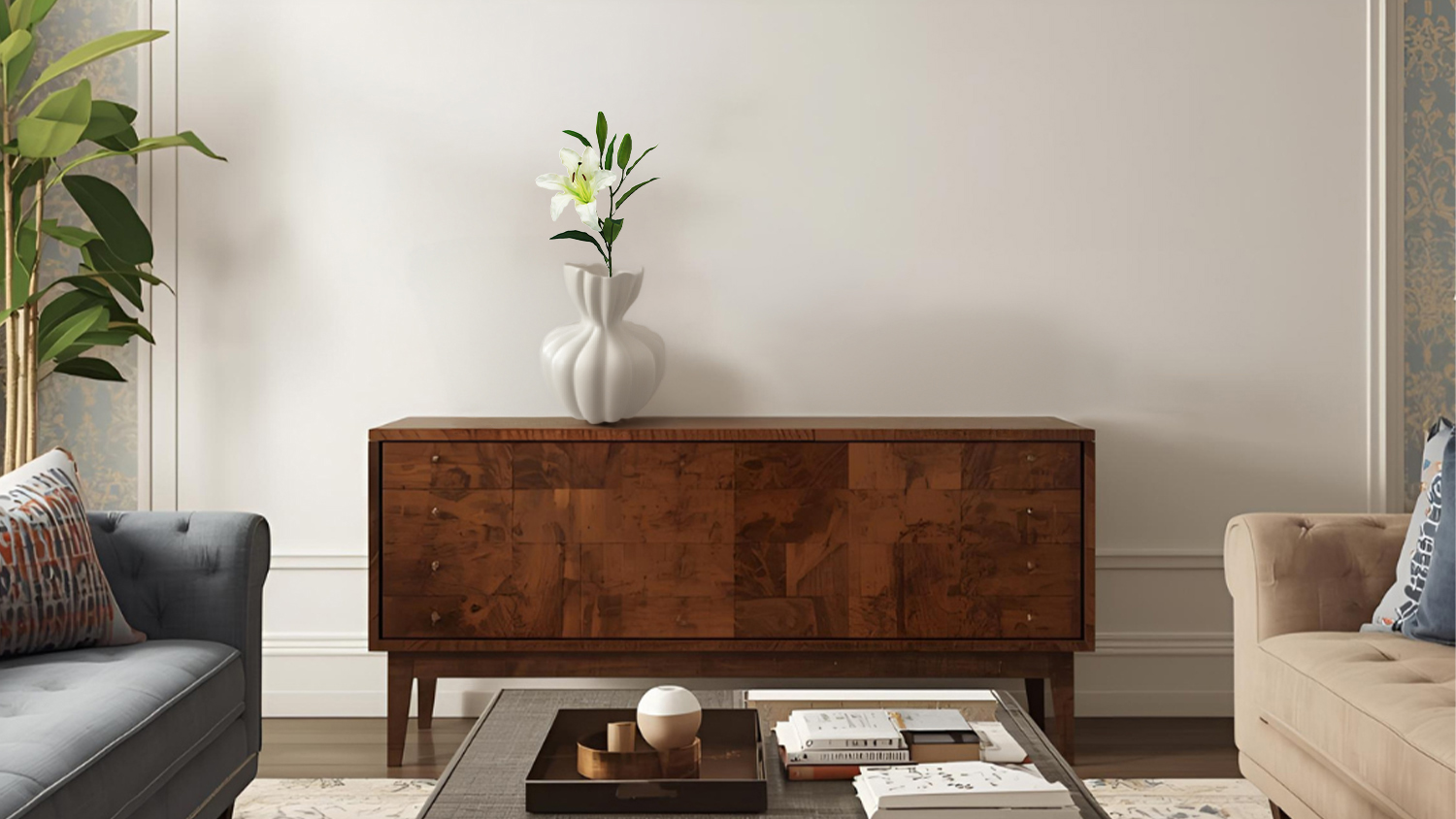 Modern living room with Rubrum Lily faux flower