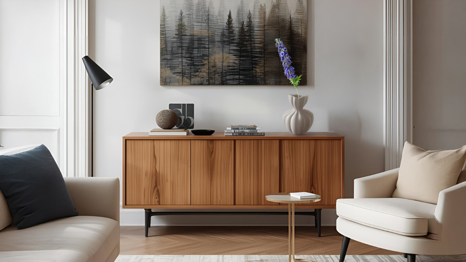 Modern living room with Delphinium faux flower