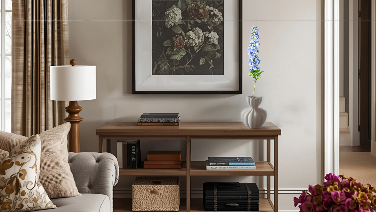 Modern living room with Delphinium faux flower