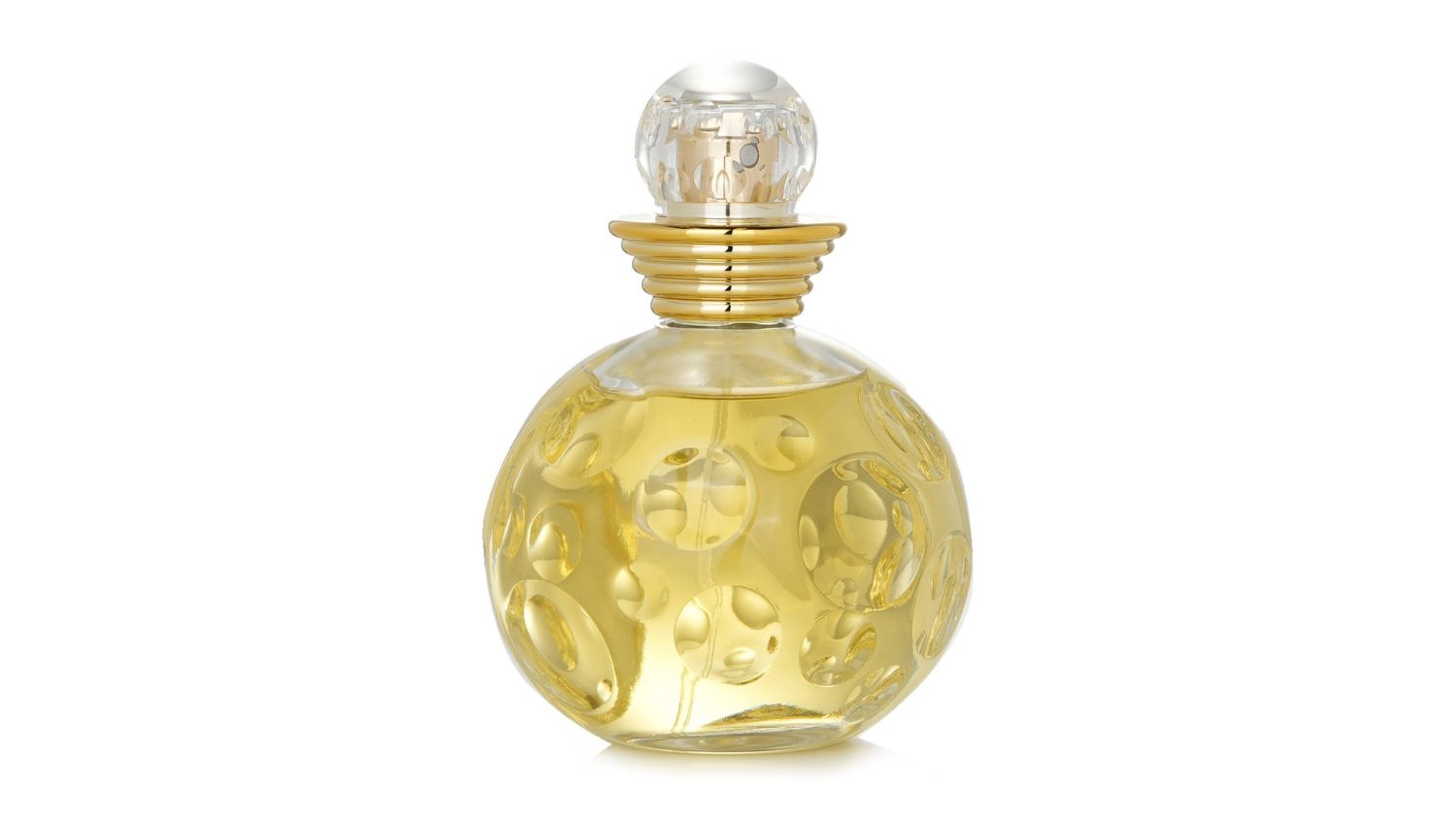 Round golden perfume bottle with textured circular patterns and a clear decorative cap