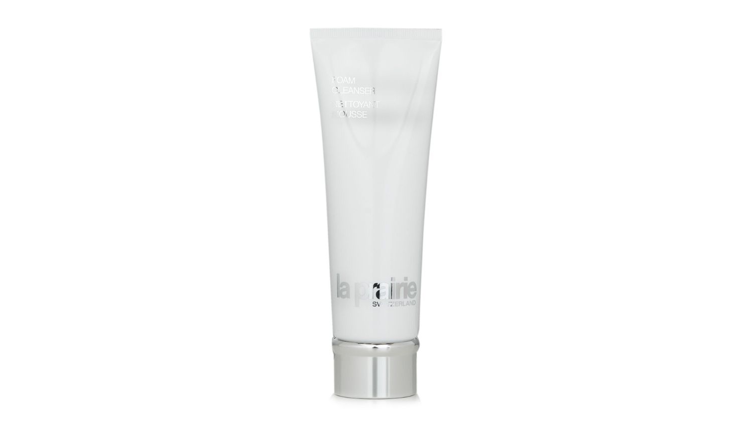 White tube of La Prairie Foam Cleanser with silver cap and brand name printed in metallic letters