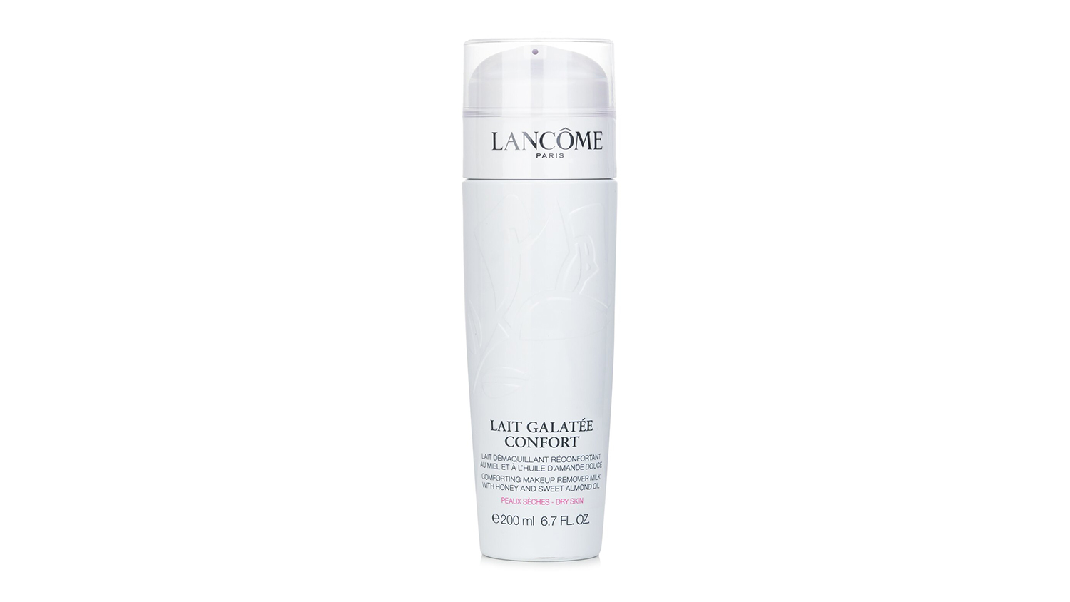 White bottle of Lancome Lait Galatée Confort, showing the brand logo and product name in black text