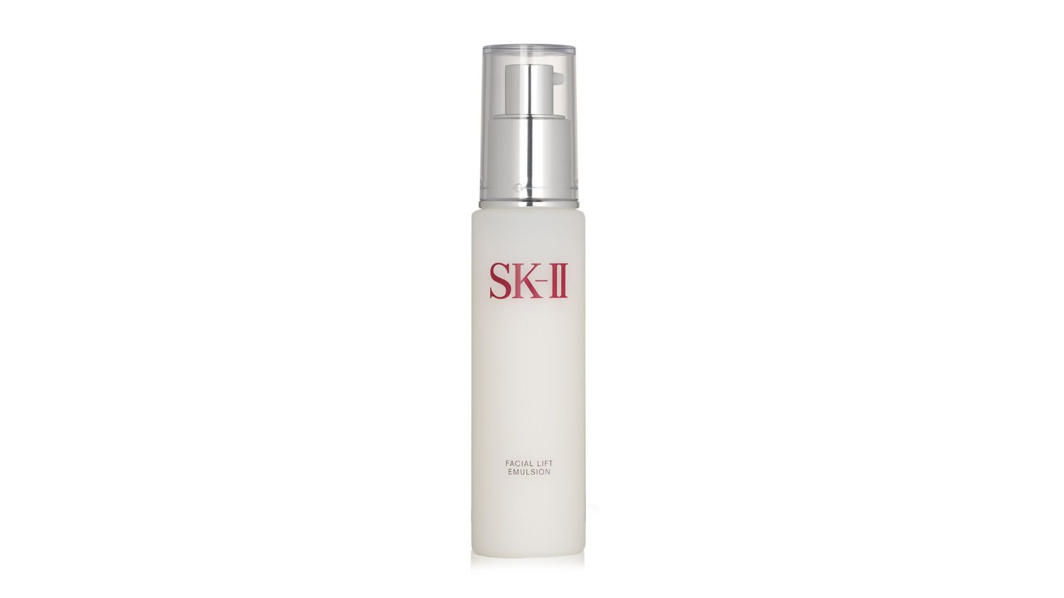White SK-II Facial Lift Emulsion bottle with silver pump and red logo