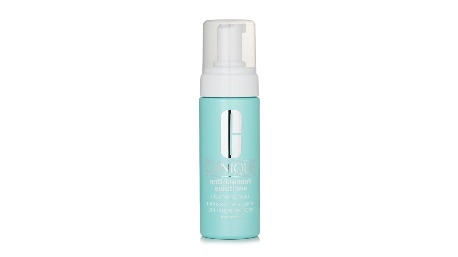 Clinique Anti-Blemish Solutions Cleansing Foam in a light blue pump bottle with white cap